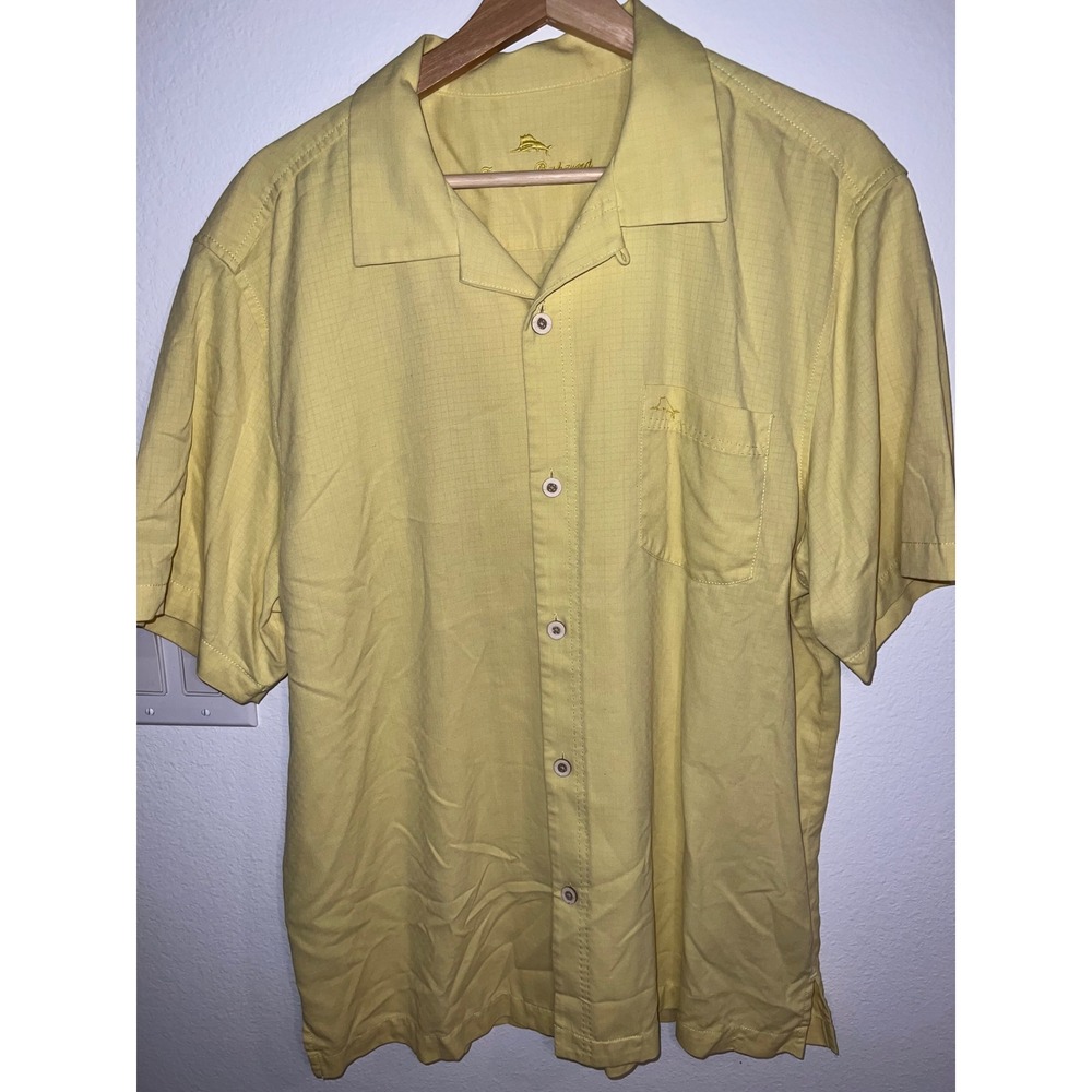 Tommy Bahama Silk Blend Camp Shirt Mens XL Yellow Grid Short Sleeve Excellent